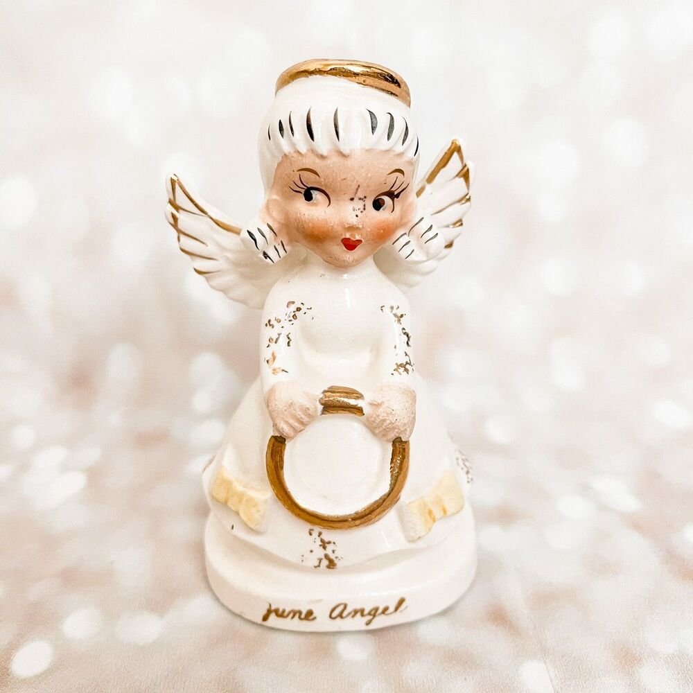 Vintage Relco June Angel of the Month Figurine Holding Wedding Ring Band Bows